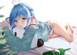 Rule 34 | 1girl, ahoge, alcohol, alternate costume, arurire, bare legs, barefoot, black bra, black panties, blue hair, blue jacket, blurry, blurry foreground, blush, bottle, bra, braid, commentary, french braid, full body, hair intakes, half updo, heart, heart ahoge, highres, holding, holding stuffed toy, hololive, jacket, light blue hair, long hair, looking at viewer, lying, multicolored hair, off shoulder, on bed, on stomach, panties, parted lips, plant, pointy ears, simple background, sleepwear, solo, strap slip, streaked hair, stuffed toy, thighs, two-tone hair, underwear, virtual youtuber, white background, yellow eyes, yukihana lamy