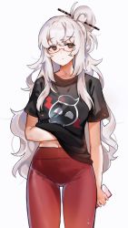 Rule 34 | 1girl, absurdres, bad id, bad pixiv id, black shirt, brown eyes, casual, commentary, cookie run, glasses, hair bun, hair ornament, hair stick, hand under clothes, highres, holding, holding phone, hufy, leggings, long hair, looking at viewer, one side up, pants, parfait cookie, phone, print shirt, red-framed eyewear, red pants, semi-rimless eyewear, shirt, short sleeves, sidelocks, single hair bun, solo, t-shirt, under-rim eyewear, very long hair, white hair