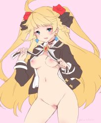 Rule 34 | 1girl, blonde hair, blue eyes, bottomless, breasts, cygames, dragalia lost, ezelith, long hair, medium breasts, navel, nintendo, nipples, open clothes, solo, uncensored