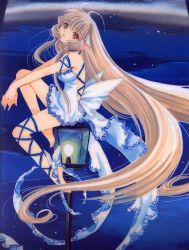 Rule 34 | 00s, 1girl, absurdly long hair, barefoot, brown eyes, chii, chobits, clamp, dress, frills, full body, own hands clasped, lamp, legs, long hair, night, official art, own hands together, profile, sitting, sleeveless, solo, very long hair