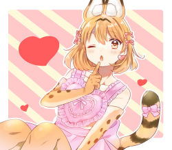 Rule 34 | 1girl, alternate costume, animal ears, apron, bad id, bad twitter id, bare shoulders, blush, bow, collarbone, commentary request, earrings, elbow gloves, extra ears, finger to mouth, gloves, hair bow, heart, heart-shaped pupils, heart apron, heart earrings, highres, jewelry, kemono friends, one eye closed, pink apron, pink bow, print gloves, serval (kemono friends), serval print, serval tail, solo, suicchonsuisui, symbol-shaped pupils, tail, tail bow, tail ornament, thighhighs, yellow eyes
