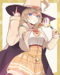 Rule 34 | 1girl, absurdres, adapted costume, black thighhighs, blonde hair, blue eyes, blush, breasts, brown cape, brown coat, brown hat, cape, coat, collared shirt, commentary, cowboy shot, hair ornament, hat, high-waist skirt, highres, holding, holding magnifying glass, hololive, hololive english, iris (tb33064667), looking at viewer, magnifying glass, medium breasts, neckerchief, plaid, plaid skirt, puckered lips, red neckerchief, shirt, short hair, skirt, solo, symbol-only commentary, thick thighs, thighhighs, thighs, underbust, virtual youtuber, watson amelia, white shirt, wide hips, witch hat, yellow skirt