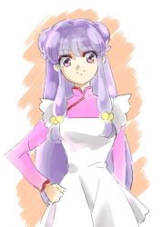 Rule 34 | 1girl, apron, bad id, bad twitter id, chinese clothes, double bun, hand on own hip, long hair, looking at viewer, purple eyes, purple hair, ranma 1/2, shampoo (ranma 1/2), solo, tktn