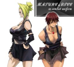Rule 34 | 2girls, armband, bare shoulders, bent over, blonde hair, breasts, cleavage, detached sleeves, dress, earrings, hair over one eye, jewelry, mature (kof), miniskirt, multiple girls, navel, necklace, red hair, saturn-freak, short hair, skirt, snk, tan, the king of fighters, vice (kof)