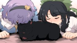 Rule 34 | 2girls, animal, black hair, blouse, bow, cat, closed eyes, collared shirt, commentary request, earrings, facing another, frilled shirt collar, frills, green bow, hair bow, hair ornament, hairband, heart, heart hair ornament, highres, jewelry, kaenbyou rin, kaenbyou rin (cat), komeiji satori, long hair, lying, medium hair, multiple girls, on stomach, parted bangs, purple hair, reiuji utsuho, shirt, shundou heishirou, sidelocks, smelling, touhou, upper body, wing collar