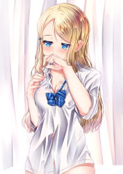 Rule 34 | 1girl, ayase alisa, blonde hair, blue bow, blue eyes, blush, bow, breasts, cleavage, collarbone, collared shirt, commentary request, covered mouth, curtains, diagonal-striped bow, dress shirt, glint, hair ornament, hairclip, highres, long hair, love live!, love live! school idol project, mad (hazukiken), medium breasts, no pants, panties, shirt, short sleeves, solo, striped, striped bow, swept bangs, underwear, very long hair, white panties, white shirt