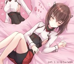 Rule 34 | ^^^, 10s, 1girl, bare legs, barefoot, bed sheet, bike shorts, black shorts, blush, breast conscious, breasts, brown hair, collar, corset, dreaming, closed eyes, flat chest, flower, from above, headband, kabocha torute, kantai collection, legs up, long sleeves, medium breasts, miniskirt, parted lips, shirt, short hair, shorts, shorts under skirt, sideboob, skirt, small breasts, solo, taihou (kancolle), upskirt, white shirt, zzz