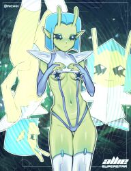 Rule 34 | 1girl, absurdres, alien, antennae, blue eyeshadow, blue hair, breasts, censored, chibi, colored skin, commentary, english commentary, eyeshadow, frown, green skin, groin, highres, makeup, navel, nicuoi, original, pointy ears, revealing clothes, ribs, short hair, shoulder pads, slingshot swimsuit, small breasts, star censor, swimsuit, thighhighs, twitter username