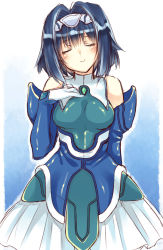 Rule 34 | 1girl, absurdres, bare shoulders, blue hair, blush, breasts, closed eyes, closed mouth, detached sleeves, dress, eyebrows, facing viewer, gem, gloves, gradient background, hair between eyes, hair intakes, hairband, hand on own chest, head tilt, highres, hime gyo, kelvena (xenogears), long sleeves, multicolored background, multicolored clothes, outline, pleated dress, sash, shiny clothes, short hair, sleeves past wrists, small breasts, smile, solo, standing, turtleneck, white gloves, white hairband, white outline, xenogears