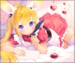 Rule 34 | 1girl, animal ears, apron, bed, blonde hair, blue eyes, dress, ink bottle, long hair, lying, mutou mato, on side, original, paper, ponytail, quill, rabbit ears, solo, tail, thighhighs, very long hair, white thighhighs