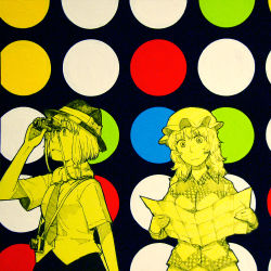 Rule 34 | 1boy, binoculars, black background, bow, camera, collared shirt, commentary request, fedora, fur scarf, hair ribbon, hat, hat bow, hat ribbon, long hair, long sleeves, looking at map, looking up, map, maribel hearn, maruhachi (maruhachi record), mob cap, monochrome, multicolored background, necktie, plaid, plaid shirt, polka dot, polka dot background, ribbon, scarf, shirt, short hair, short sleeves, skirt, split mouth, standing, tie clip, touhou, tress ribbon, usami renko, wide-eyed, yellow theme