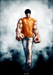 Rule 34 | 1boy, black eyes, black hair, clenched hands, closed mouth, denim, facing viewer, jeans, k-suwabe, looking at viewer, male focus, muscular, muscular male, orange shirt, oversized limbs, pants, real life, shirt, shoes, short hair, sleeveless, sneakers, solo, walking, yonezu kenshi