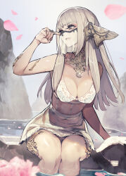 Rule 34 | 1girl, armlet, au ra, bare shoulders, bra, breasts, brown eyes, cleavage, covered navel, crescent, crescent necklace, day, detached collar, final fantasy, final fantasy xiv, grey hair, hide (hideout), highres, jewelry, large breasts, leaning forward, long hair, looking away, looking to the side, mouth veil, multiple rings, necklace, outdoors, parted lips, petals, ring, see-through, skirt, smile, soaking feet, solo, thighlet, underwear, veil, water, white bra, white skirt