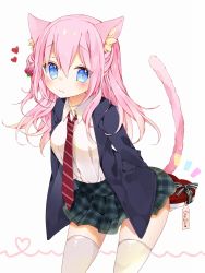 Rule 34 | 1girl, animal ears, blazer, blue eyes, blush, box, breasts, cat ears, cat girl, cat tail, closed mouth, collared shirt, english text, food-themed hair ornament, gift, green skirt, hair between eyes, hair ornament, heart, heart-shaped box, heart of string, highres, holding, holding gift, jacket, legs apart, long hair, looking at viewer, medium breasts, necktie, open clothes, open jacket, original, palid skirt, pink hair, plaid, plaid skirt, pleated skirt, pursed lips, red necktie, school uniform, shirt, skirt, solo, striped necktie, striped neckwear, tail, thighhighs, toma tokage, white shirt, white thighhighs