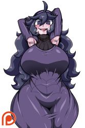 Rule 34 | 1girl, @ @, ahoge, armpit stubble, armpits, arms behind head, breasts, creatures (company), dress, from below, game freak, headband, heavy breathing, hex maniac (pokemon), highres, huge breasts, lollipopcon, long hair, looking at viewer, nintendo, npc trainer, pokemon, pokemon xy, purple dress, purple eyes, purple hair, smile, solo, turtleneck, turtleneck dress, very long hair, white background, wide hips