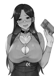 Rule 34 | 1girl, absurdres, arm behind back, bad id, bad pixiv id, blush, box, breasts, choker, collarbone, commentary request, dawalixi, glasses, greyscale, hand up, high-waist skirt, highres, holding, holding box, japanese clothes, kimono, large breasts, long hair, long sleeves, looking at viewer, mole, mole under mouth, monochrome, open mouth, original, parted bangs, rimless eyewear, simple background, skirt, solo, sweater, upper body, valentine