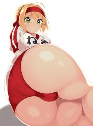 Rule 34 | 1girl, ahoge, ass, blonde hair, blush, braid, buruma, cameltoe, closed eyes, fate/extra, fate/grand order, fate (series), french braid, green eyes, gym uniform, hair bun, hair intakes, hairband, headband, hip focus, huge ass, looking at viewer, lying, name tag, nero claudius (fate), nero claudius (fate) (all), nero claudius (fate/extra), nero claudius (olympian bloomers) (fate), official alternate costume, on side, red buruma, red hairband, shirt, short sleeves, sia namsbinpeni, simple background, single hair bun, smile, solo, thick thighs, thighs, white background