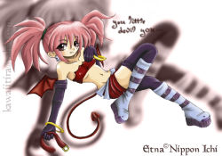 Rule 34 | 00s, 1girl, boots, bracelet, character name, collar, demon, demon tail, disgaea, earrings, etna (disgaea), female focus, jewelry, lying, makai senki disgaea, miniskirt, natalie weitz, on back, pink eyes, pink hair, skirt, solo, tail, thighhighs, twintails, wings, zoom layer