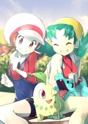 Rule 34 | 2girls, breasts, brown eyes, brown hair, chikorita, clenched hands, closed eyes, closed mouth, commentary request, creatures (company), cropped jacket, eyelashes, game freak, gen 2 pokemon, green hair, grin, hat, hat ribbon, highres, jacket, kris (pokemon), lyra (pokemon), multiple girls, nintendo, overalls, parted bangs, pokegear, pokemon, pokemon (creature), pokemon gsc, pokemon hgss, red shirt, ribbon, rindoriko, shirt, sitting, smile, totodile, twintails, white headwear, white jacket