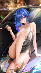 Rule 34 | 1girl, arm support, azur lane, bare arms, bare legs, bare shoulders, blue hair, blue nails, bracelet, breasts, car, commentary request, dress, earrings, feet, grey dress, hair ornament, halter dress, halterneck, high heels, highres, holding, holding with feet, jewelry, large breasts, leg up, liu liaoliao, long hair, looking at viewer, mclaren, mclaren p1, microdress, motor vehicle, nail polish, necklace, no bra, official alternate costume, purple eyes, sandals, shiny clothes, side ponytail, signature, sleeveless, sleeveless dress, soles, solo, st. louis (azur lane), st. louis (luxurious wheels) (azur lane), toenail polish, toenails, toes, twitter username