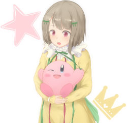 Rule 34 | 1girl, :o, artist name, artist request, blush, bow, bowtie, breasts, brown hair, collar, crown print, dress, female focus, frilled collar, frilled sleeves, frills, green bow, green ribbon, grey hair, hair bow, hair ribbon, highres, holding, kirby, kirby (series), light brown hair, long sleeves, looking at viewer, love live!, love live! nijigasaki high school idol club, love live! school idol festival, miniskirt, mutekikyuu believer, nail, nail polish, nakasu kasumi, neck ribbon, neck ruff, nintendo, parted lips, pink eyes, pink nails, plaid, plaid dress, plaid skirt, pleated, pleated dress, pleated skirt, puffy long sleeves, puffy sleeves, purple eyes, ribbon, short hair, skirt, sleeves past wrists, small breasts, smile, solo, star (symbol), striped clothes, striped dress, vertical-striped clothes, vertical-striped dress, white background, white detached collar, yellow dress, yellow skirt