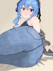 Rule 34 | 1girl, ass, ass focus, bare shoulders, blue eyes, blue hair, denim, hat, highres, hololive, hoshimachi suisei, jeans, looking at viewer, looking back, open mouth, pants, virtual youtuber