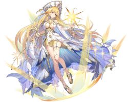 Rule 34 | 1girl, anklet, apollo (ark order), ark order, bare shoulders, blonde hair, blue eyes, bracelet, breast curtains, breasts, closed mouth, collar, detached sleeves, dress, full body, gold, harp, hat, hatoyama itsuru, holding, holding instrument, instrument, jewelry, large breasts, light, long hair, long sleeves, necklace, official art, platform footwear, sandals, smile, solo, sparkle, star (sky), tachi-e, thighlet, toeless footwear, transparent background, veil, very long hair, white dress, white hat, wide sleeves