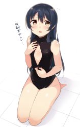 Rule 34 | 10s, 1girl, bad id, bad pixiv id, black hair, black one-piece swimsuit, brown eyes, flat chest, front zipper swimsuit, hair between eyes, long hair, love live!, love live! school idol project, meme attire, one-piece swimsuit, open mouth, seiza, sitting, solo, sonoda umi, swimsuit, tile floor, tiles, totoki86