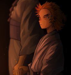 Rule 34 | 1boy, 1girl, aged down, blonde hair, braid, child, commentary, forked eyebrows, from side, head out of frame, highres, holding hands, japanese clothes, kimetsu no yaiba, kimono, light, long hair, long sleeves, mother and son, night, obi, parted lips, rengoku0930, rengoku kyoujurou, rengoku ruka, sash, short hair, side-by-side, solo focus, upper body, yellow eyes