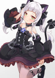 Rule 34 | 1girl, animal ears, bare shoulders, black bow, black dress, black footwear, black sleeves, blunt bangs, blush, bow, brown eyes, cat ears, cat tail, child, closed mouth, collarbone, commentary request, detached sleeves, dress, flat chest, frilled dress, frills, gothic lolita, grey background, hair bow, halterneck, hand up, highres, hololive, kobi (piliheros2000), lolita fashion, long hair, long sleeves, looking at viewer, murasaki shion, murasaki shion (gothic lolita), official alternate costume, shoes, sleeves past wrists, smile, solo, standing, standing on one leg, striped, striped bow, tail, tail bow, tail ornament, twintails, virtual youtuber, wide sleeves