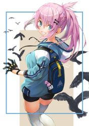Rule 34 | 1girl, backpack, bag, bird, black bow, bow, crow, female focus, from behind, gloves, grin, hair bow, hair ornament, hairclip, highres, hood, jacket, looking back, mitake eil, multicolored hair, original, pink bow, pink hair, ponytail, short shorts, shorts, smile, solo, thighhighs, white thighhighs