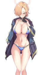 Rule 34 | 1girl, absurdres, bikini, blue archive, highres, jacket, ruliweb, seaside sukeban (mg) (blue archive), second-party source, short hair, standing, sweat, swimsuit, tongue, tongue out, white background