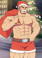 Rule 34 | 1boy, abs, akashi (live a hero), alternate costume, bara, belt, black belt, blush, bulge, christmas tree, cowboy shot, facial hair, fake facial hair, fake mustache, feiya6022, fur-trimmed shorts, fur trim, gift bag, goatee, hat, highres, large pectorals, live a hero, long sideburns, looking at viewer, male focus, muscular, navel, nipples, one eye closed, pectorals, red eyes, red hair, red shorts, santa costume, santa hat, scar, scar on face, scar on nose, topless male, short hair, shorts, sideburns, solo, thick eyebrows, thick thighs, thighs