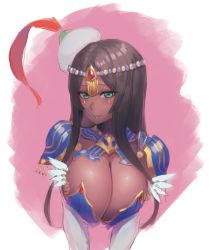 Rule 34 | 1girl, arm wrap, armor, bandaged arm, bandages, black hair, blue armor, blush, breastplate, breasts, circlet, cleavage, closed mouth, dark-skinned female, dark skin, facial mark, fate/grand order, fate (series), feathers, forehead jewel, green eyes, hat, hat feather, highres, large breasts, long hair, looking at viewer, parted bangs, pauldrons, pink background, ranma (kamenrideroz), scheherazade (fate), shoulder armor, solo