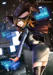 Rule 34 | 1girl, ass, black vest, book, brown eyes, brown hat, brown thighhighs, capelet, collared shirt, copyright name, cowboy shot, dress shirt, fingernails, formal, grey shirt, hat, holding, holding book, holographic interface, holographic keyboard, holographic monitor, holographic touchscreen, indoors, inner world, keyboard (computer), light particles, lips, long hair, long sleeves, lsr, monitor, nose, office lady, original, parted lips, pencil skirt, shirt, skirt, skirt suit, solo, suit, table, teeth, thighhighs, vest, witch hat