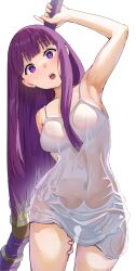 Rule 34 | 1girl, absurdres, arm up, armpits, blunt bangs, breasts, dress, fern (sousou no frieren), highres, large breasts, long hair, looking at viewer, open mouth, purple eyes, purple hair, see-through, sleeveless, sleeveless dress, solo, sousou no frieren, standing, wet, wet clothes, wet dress, white dress, yami anko