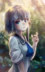 Rule 34 | 1girl, absurdres, ascot, blue ascot, blue eyes, blurry, blurry background, bokeh, commentary request, day, depth of field, from side, grey hair, highres, kemono friends, looking at viewer, narwhal (kemono friends), outdoors, short hair with long locks, signature, smile, solo, upper body, welt (kinsei koutenkyoku)