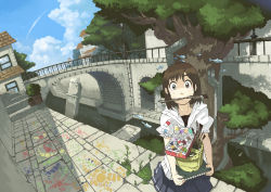 Rule 34 | 1girl, art brush, bridge, brown eyes, brown hair, bucket, canal, cloud, day, fish, imoman, mouth hold, notebook, paint, paintbrush, river, short hair, skirt, sky, solo, tree