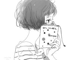 Rule 34 | 1girl, 2013, blush, bob cut, book, bookmark, commentary, covered mouth, covering own mouth, dated, english commentary, from side, greyscale, half-closed eyes, hand up, holding, holding book, lenny-tree, looking away, monochrome, neck, nose blush, open book, original, portrait, profile, sad, shirt, short hair, signature, simple background, solo, striped clothes, striped shirt, tassel, tears, white background