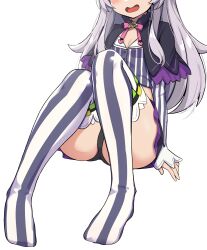 Rule 34 | 1girl, black panties, blush, breasts, capelet, cleavage, cleavage cutout, clothing cutout, cropped shirt, feet, grey hair, grey shirt, grey thighhighs, highres, hololive, long hair, murasaki shion, murasaki shion (1st costume), open mouth, panties, purple capelet, sakanaya (sakanaya952), shirt, small breasts, solo, striped clothes, striped shirt, striped thighhighs, thighhighs, underwear, vertical-striped clothes, vertical-striped shirt, vertical-striped thighhighs, virtual youtuber, white background