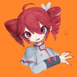 Rule 34 | 1girl, ahoge, buttons, double-breasted, drill hair, eyes visible through hair, hair between eyes, highres, kasane teto, kasane teto (sv), long sleeves, looking at viewer, nedoco, open mouth, orange background, red eyes, red hair, red nails, red trim, short sleeves, solo, sweatdrop, synthesizer v, twin drills, upper body