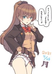 Rule 34 | 1girl, blazer, brown hair, brown jacket, brown skirt, cardigan, clothes lift, collared shirt, commentary request, cowboy shot, frilled skirt, frills, green eyes, jacket, kantai collection, kumano (kancolle), long hair, nakadori (movgnsk), panties, pleated skirt, ponytail, shirt, simple background, skirt, skirt lift, solo, translation request, underwear, white background, white panties