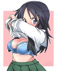 Rule 34 | 1girl, artist name, black hair, black neckerchief, blouse, blue bra, blue eyes, blush, bow, bow bra, bra, breasts, cleavage, closed eyes, clothes lift, commentary, cowboy shot, dated, fanta (the banana pistols), freckles, girls und panzer, green skirt, highres, lifting own clothes, long hair, long sleeves, looking at viewer, medium breasts, neckerchief, ooarai school uniform, outline, pink background, pleated skirt, school uniform, serafuku, shirt, shirt lift, signature, skirt, solo, standing, symbol-only commentary, underwear, undressing, white outline, white shirt, yamagou ayumi