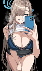 Rule 34 | 1girl, asuna (blue archive), blue archive, blue eyes, blue ribbon, blush, breasts, cellphone, grin, hair over one eye, hair ribbon, halo, hella p, highres, large breasts, leaning forward, light brown hair, long hair, looking at viewer, phone, ribbon, smile, solo, very long hair