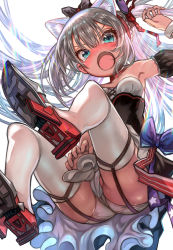 Rule 34 | 1girl, animal ears, aqua eyes, ass, azur lane, bare shoulders, black bow, blush, bow, breasts, cat ears, denchu (kazudentyu), detached sleeves, fang, garter straps, grey hair, hair ribbon, hammann (azur lane), highres, long hair, looking at viewer, nose blush, open mouth, panties, puffy short sleeves, puffy sleeves, red ribbon, ribbon, shiny skin, short sleeves, slit pupils, small breasts, tears, thighhighs, underwear, white background, white panties, white thighhighs