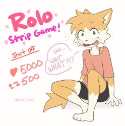 Rule 34 | 1girl, animal ears, animal nose, artist name, black shorts, commentary, english commentary, english text, fang, female focus, fox boy, full body, green eyes, highres, orange fur, orange hair, original, rolo stuff, shorts, simple background, solo, tail, twitter username