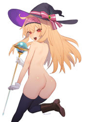 Rule 34 | 1girl, ass, beijuu, black thighhighs, blonde hair, boots, brown footwear, gloves, hairband, hat, hat ribbon, holding, holding staff, little witch nobeta, long hair, looking at viewer, nobeta, nude, open mouth, red eyes, ribbon, simple background, solo, staff, thighhighs, uncensored, white background, white gloves, witch, witch hat