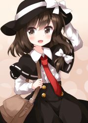 Rule 34 | 1girl, bag, black capelet, black necktie, black skirt, bow, breasts, brown background, brown bag, brown eyes, brown hair, capelet, center frills, collared shirt, cowboy shot, dotted background, fedora, frills, gradient background, hair between eyes, hair bow, hand on headwear, hat, hat bow, highres, long hair, long sleeves, looking at viewer, necktie, open mouth, red necktie, ruu (tksymkw), shirt, shoulder bag, side ponytail, skirt, smile, solo, standing, touhou, usami renko, white bow, white shirt