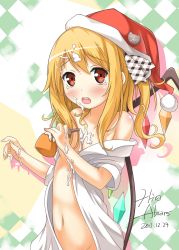 Rule 34 | 1girl, blonde hair, blush, christmas, cream, flandre scarlet, hair ribbon, hat, highres, hira (zlpabrams), long hair, looking at viewer, naked shirt, navel, off shoulder, open clothes, open mouth, red eyes, ribbon, santa hat, sexually suggestive, shirt, side ponytail, solo, tears, touhou, wings