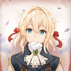 Rule 34 | 10s, 1girl, ahoge, artist name, ascot, bad id, bad pixiv id, blonde hair, blue eyes, blue jacket, brooch, closed mouth, commentary request, feathers, floral background, hair between eyes, hair intakes, hair ribbon, jacket, jewelry, looking at viewer, mira-sumter, mouth hold, paper, petals, portrait, red ribbon, ribbon, short hair, simple background, smile, solo, violet evergarden, violet evergarden (series), white ascot